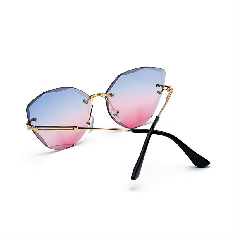 Gradient Rimless Geometric Women's Sunglasses Gold Arms Blue Pink Lens