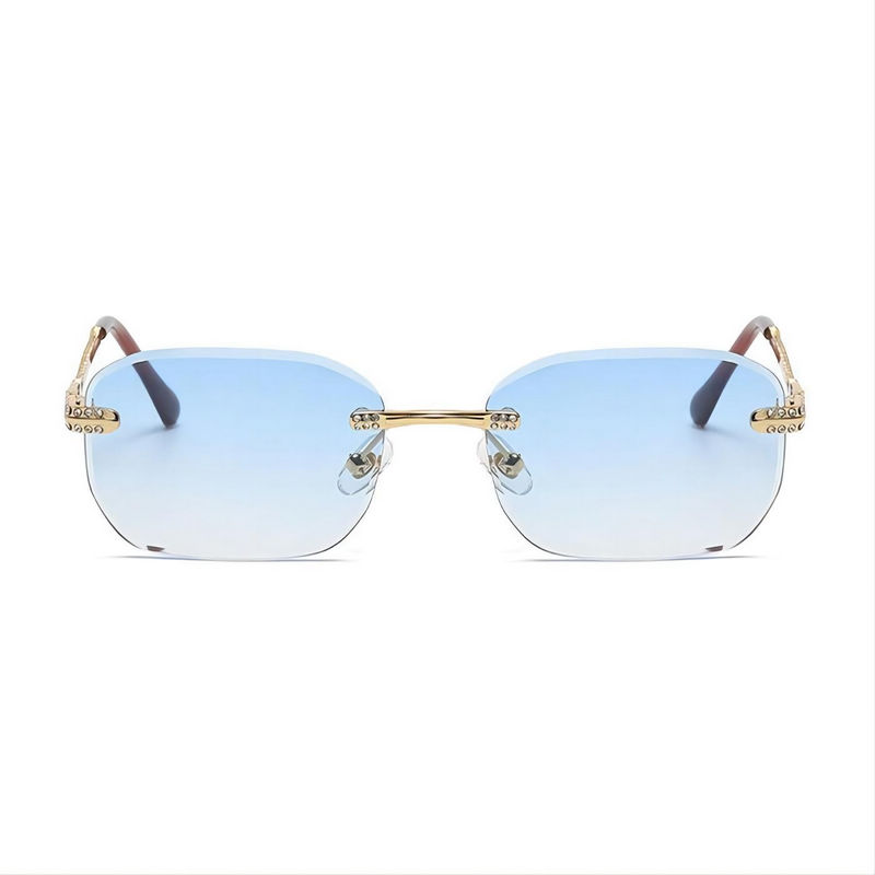 Rhinestone Square Rimless Sunglasses Gold Arms Gradient Blue Lens