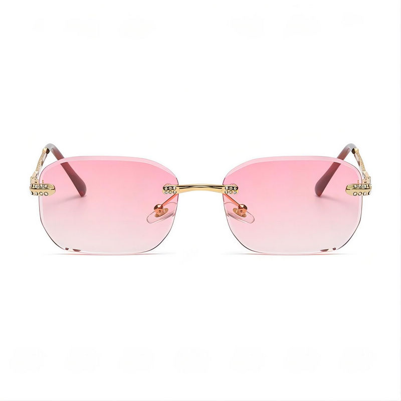 Rhinestone Square Rimless Sunglasses Gold Arms Gradient Pink Lens