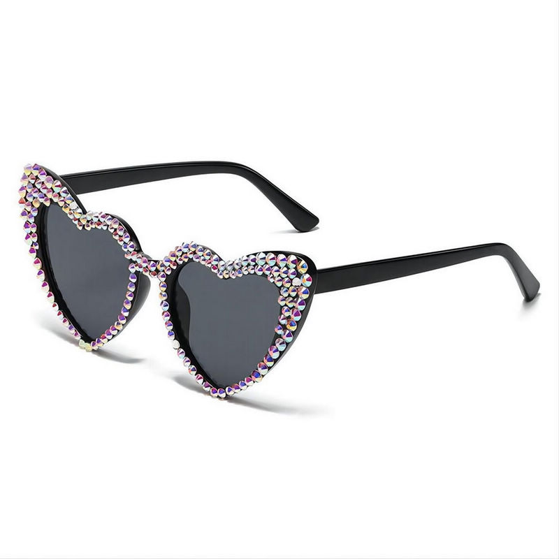 Black/Grey Heart Sunglasses with Rhinestones Embellished