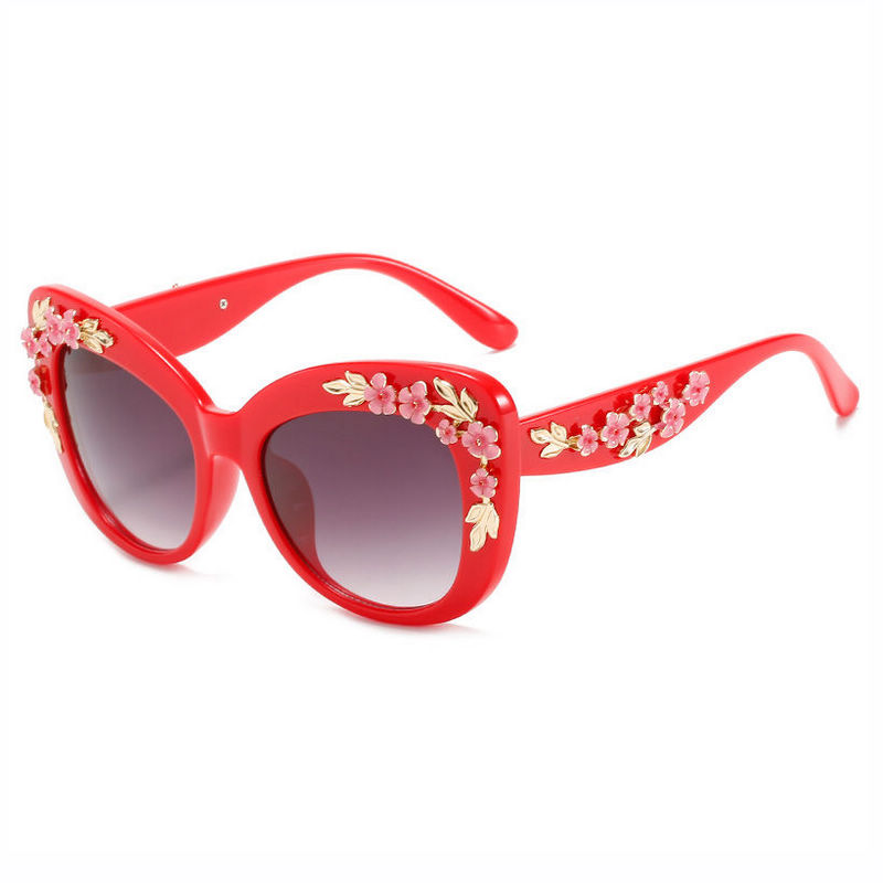 Cat Eye Flower Sunglasses Red/Gradient Grey