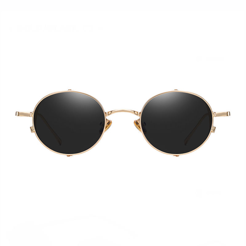 Gold-Tone/Grey Oval Steampunk Sunglasses with Mesh Side Shields
