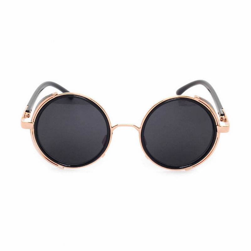 Gold-Tone Metal Round Steampunk Sunglasses with Side Shields