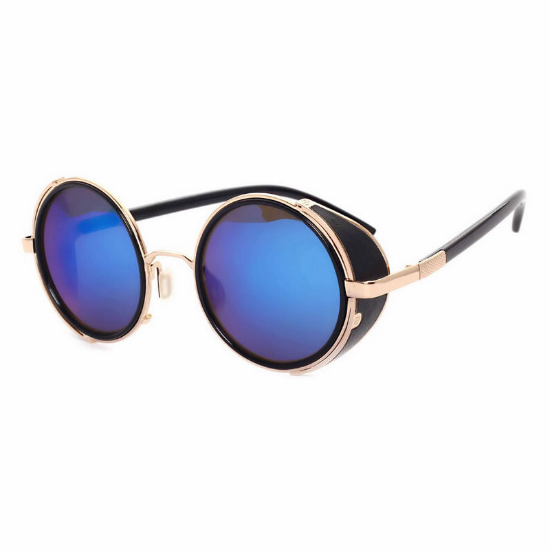 Gold-Tone/Mirror Blue Round Steampunk Sunglasses with Side Shields