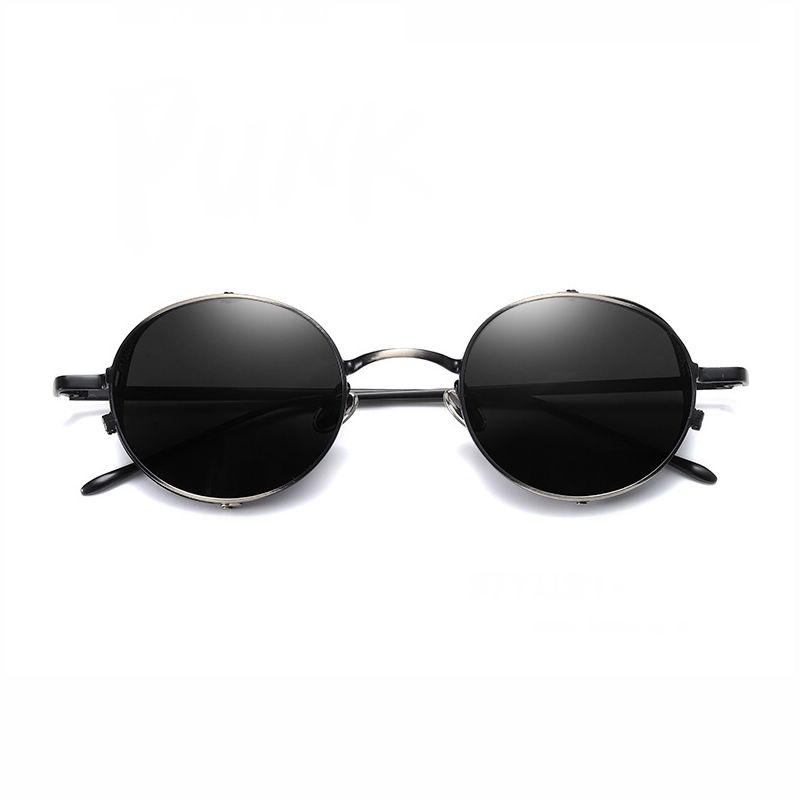 Gun-Grey/Gray Oval Steampunk Sunglasses with Mesh Side Shields