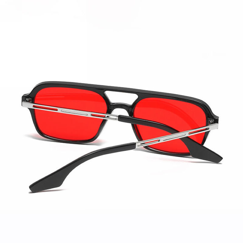 Men's Square Acetate Sunglasses Double Bridge Black Frame Red Lens