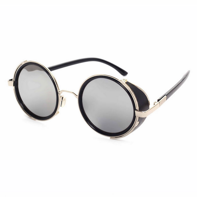 Mirrored White Round Steampunk Sunglasses with Side Shields