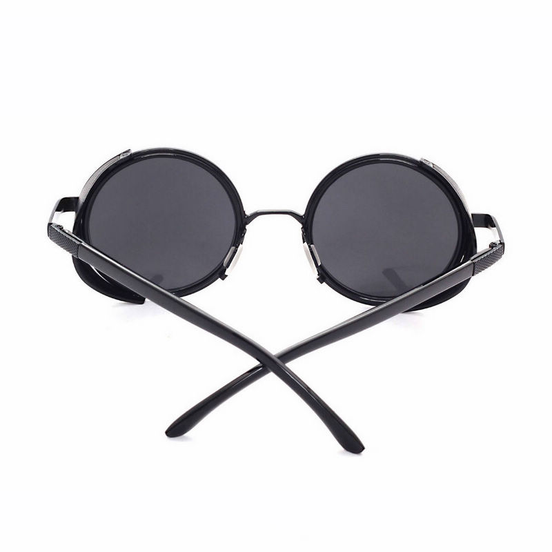 Round Steampunk Sunglasses with Side Shields Black Frame Grey Lens