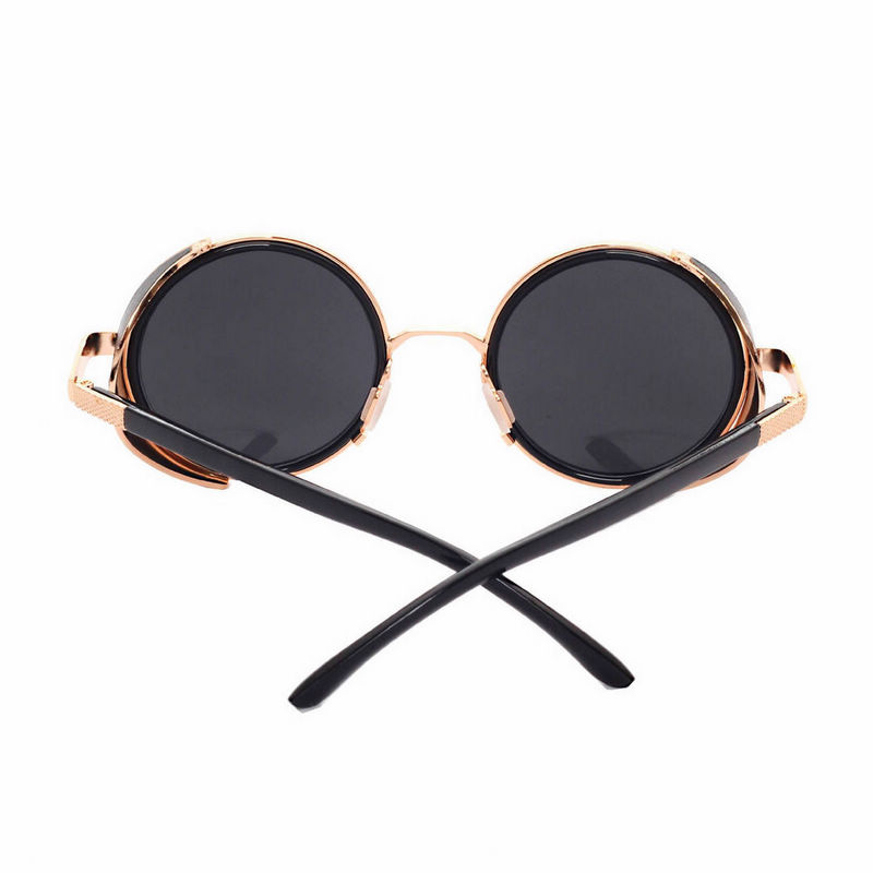 Round Steampunk Sunglasses with Side Shields Gold Frame Grey Lens