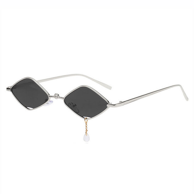 Silver-Tone/Grey Small Diamond-Shaped Sunglasses with Teardrop-Pendant