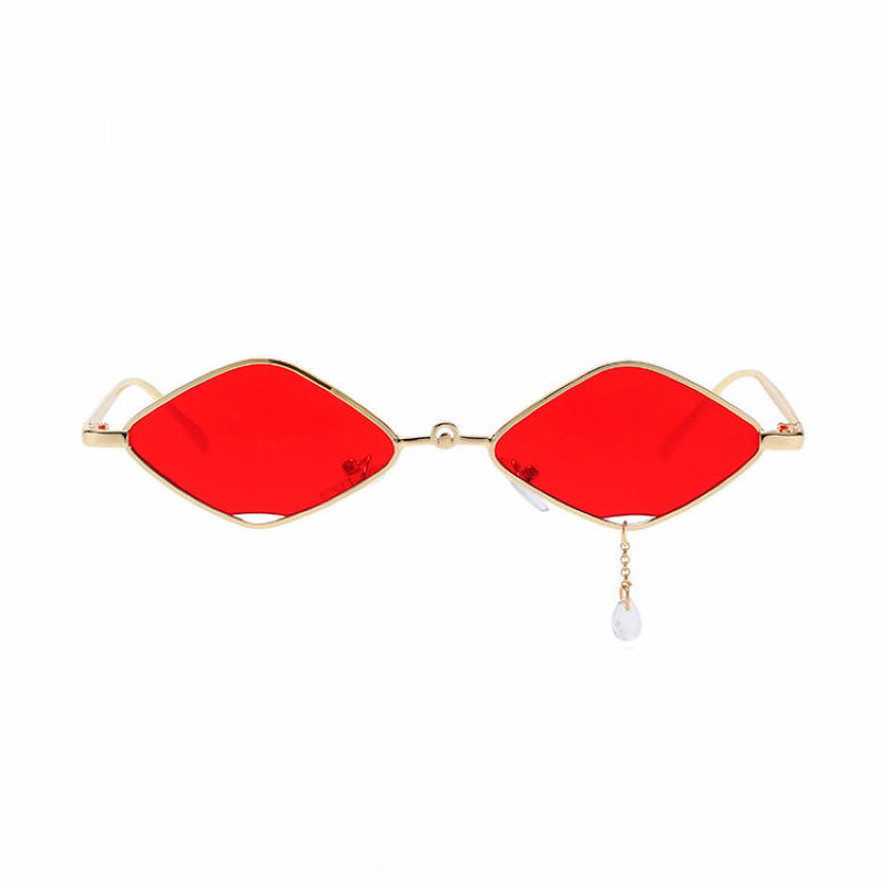 Small Diamond-Shaped Sunglasses with Teardrop-Pendant Gold-Tone/Red