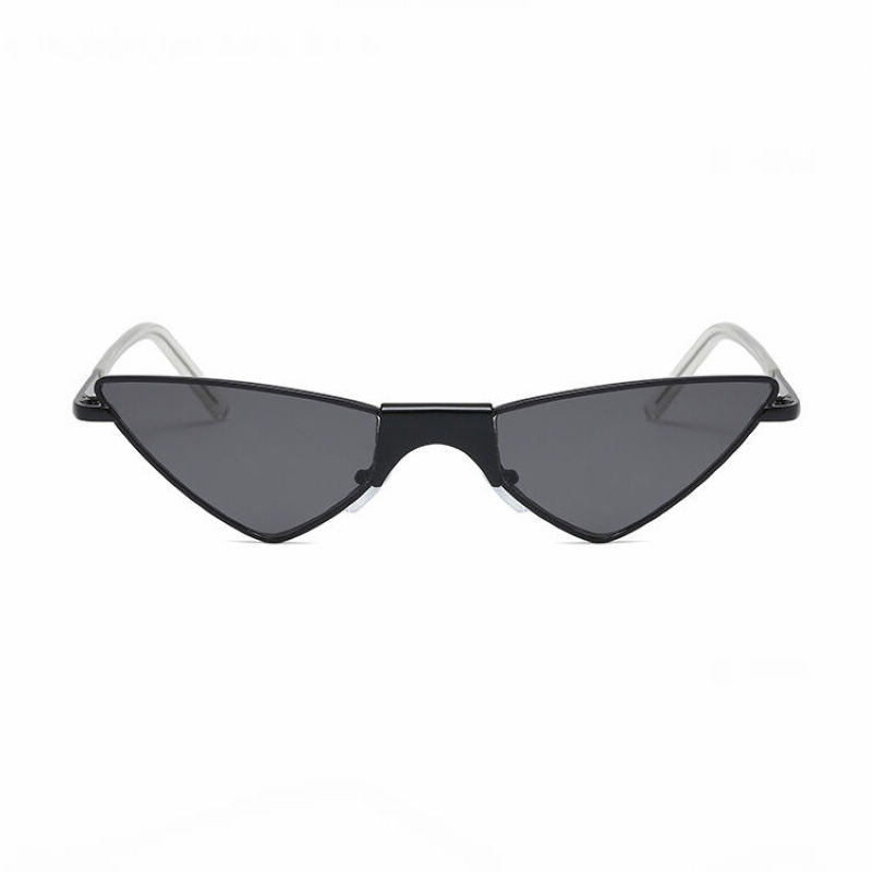 Small Metal Triangle Cat-Eye Sunglasses Black Frame Grey Lens