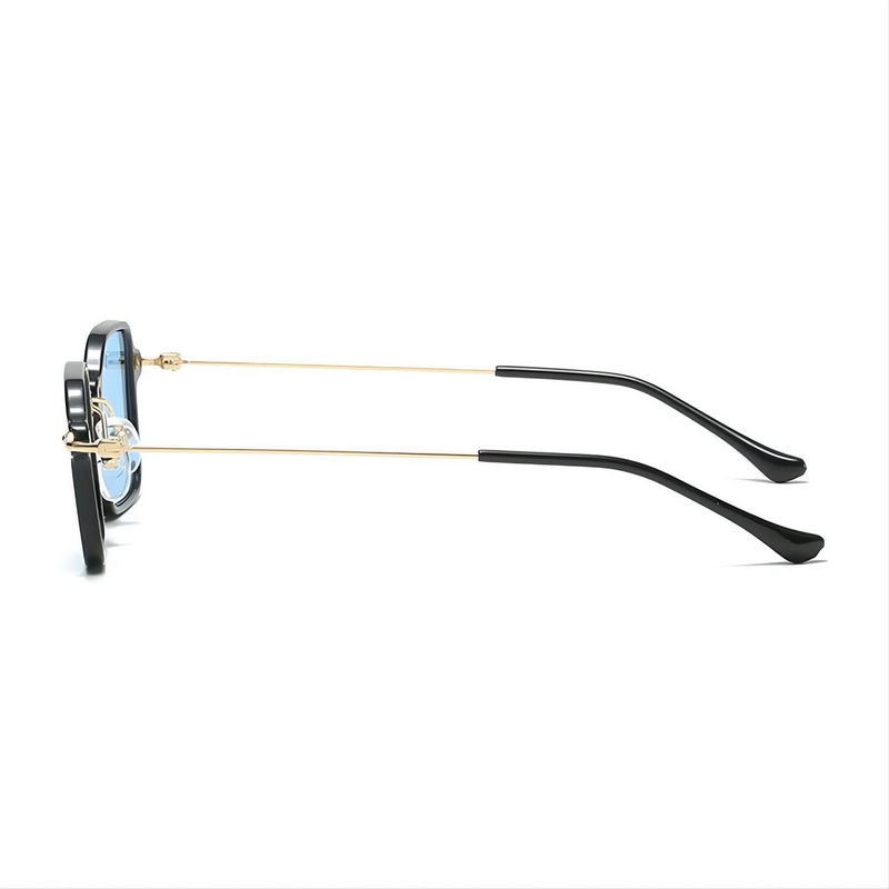 Small Square Acetate and Metal Sunglasses Black Gold Frame Blue Lens