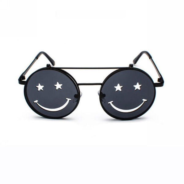 Smiley Flip-Up Sunglasses Black Metal Round Frame/Grey Lens