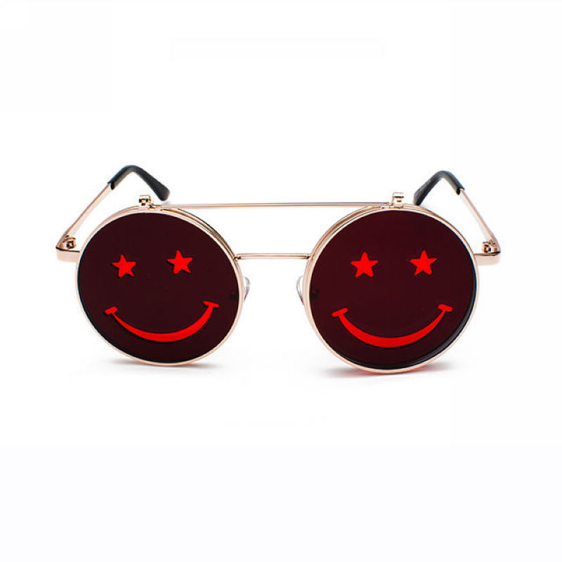 Smiley Flip-Up Sunglasses Gold Metal Round Frame/Red Lens