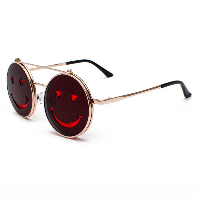Smiley Flip-Up Sunglasses Metal Round Gold-Tone/Red