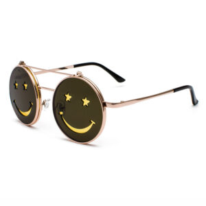 Smiley Flip-Up Sunglasses Metal Round Gold-Tone/Yellow