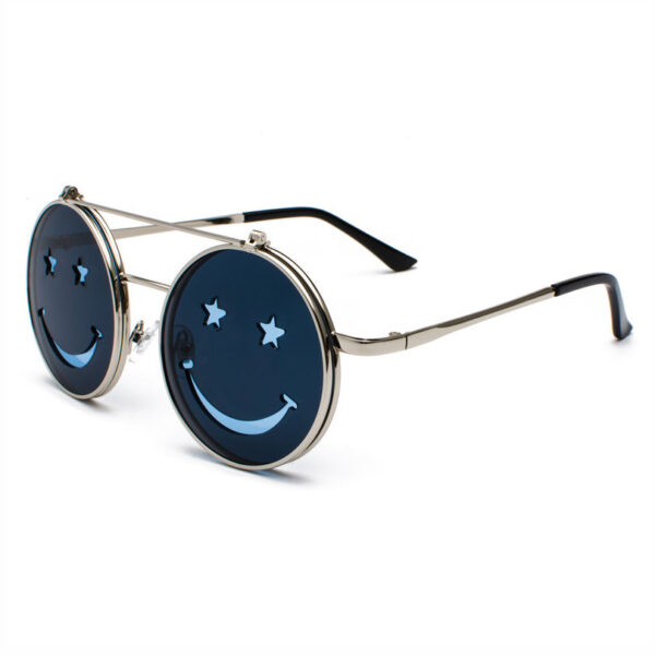 Smiley Flip-Up Sunglasses Metal Round Silver-Tone/Blue