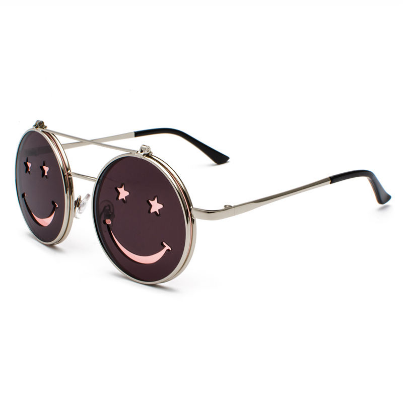 Smiley Flip-Up Sunglasses Metal Round Silver-Tone/Pink