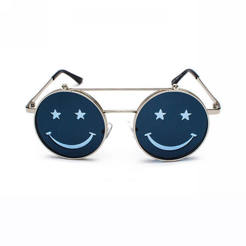 Smiley Flip-Up Sunglasses Silver Metal Round Frame Blue Lens