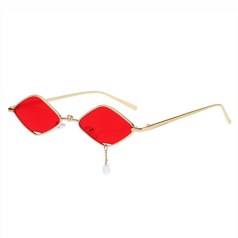 Tinted Red Small Diamond-Shaped Sunglasses with Teardrop-Pendant