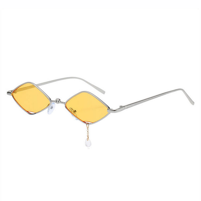 Tinted Yellow Small Diamond-Shaped Sunglasses with Teardrop-Pendant