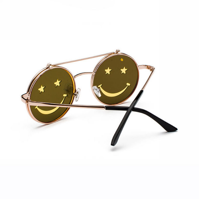 Yellow Smiley Flip-Up Sunglasses Metal Round
