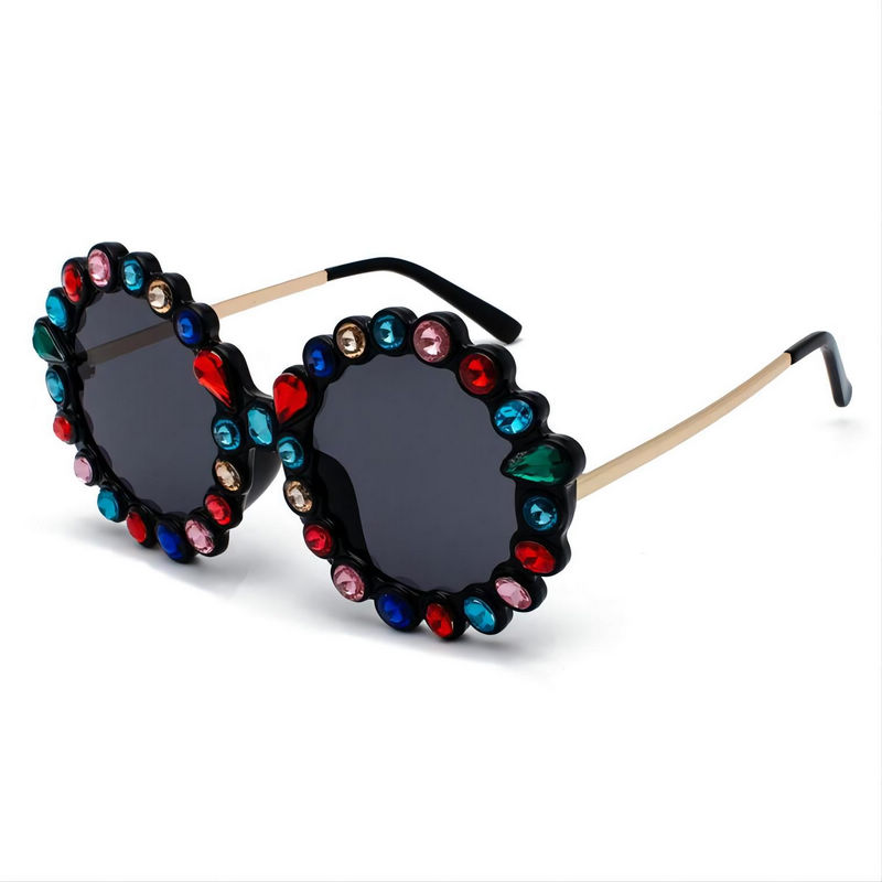 Black Bling Oversized Round Sunglasses with Colored Rhinestones