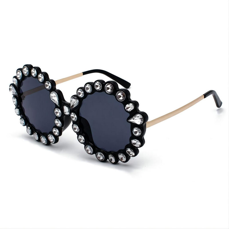 Black Bling Oversized Round Sunglasses with Transparent Rhinestones