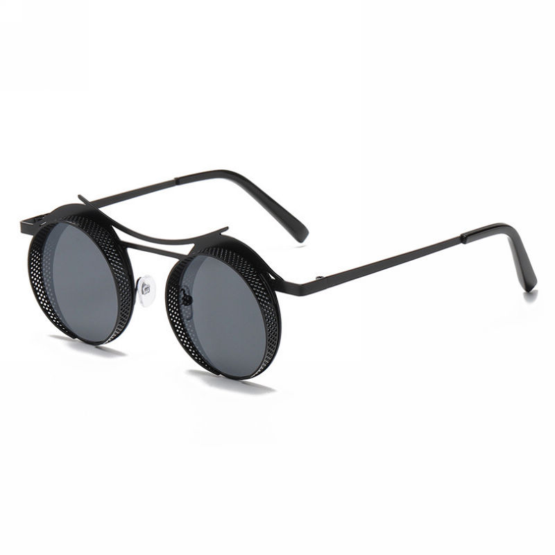 Black Round Steampunk Sunglasses With Circular Mesh Shields