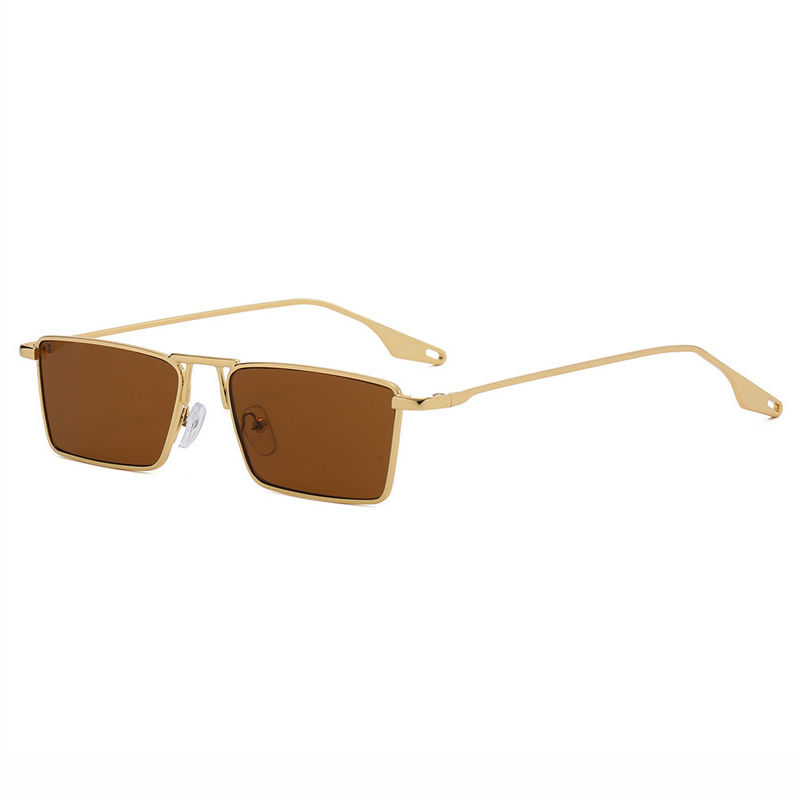 Brown Narrow Rectangle Sunglasses Gold Metal Frame