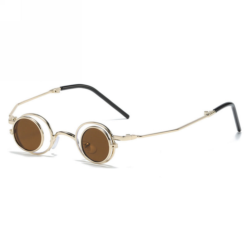 Brown Small Circular Flip Up sunglasses Metal Frame