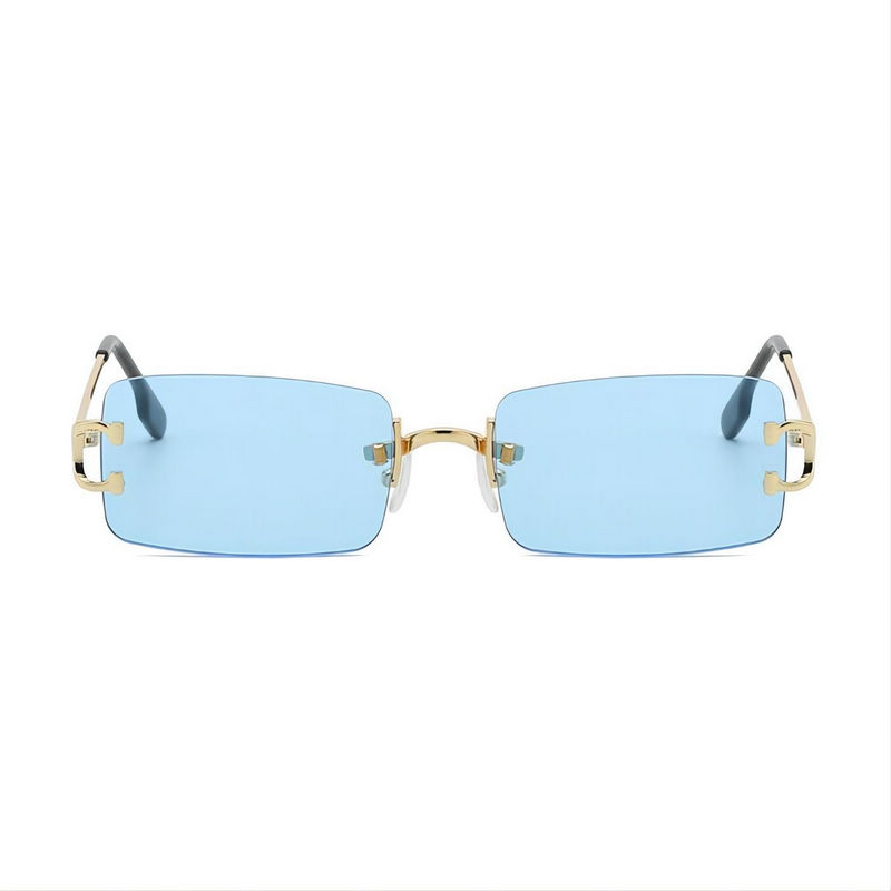 Diamond Cut Small Rectangle Lens Rimless Sunglasses Gold-Tone/Blue