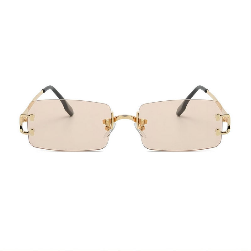 Diamond Cut Small Rectangle Lens Rimless Sunglasses Gold-Tone/Light Tea