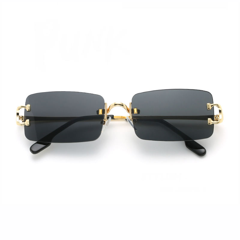 Diamond Cut Small Rectangle Lens Rimless Sunglasses Gold-Tone Metal Arms