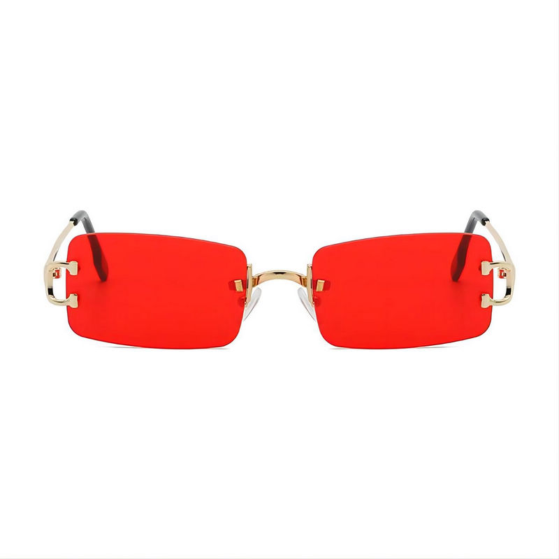 Diamond Cut Small Rectangle Lens Rimless Sunglasses Gold-Tone/Red