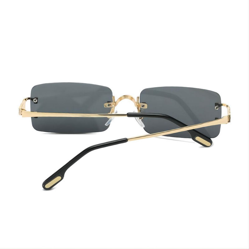 Diamond Cut Small Rectangle Rimless Sunglasses Gold Frame Grey Lens