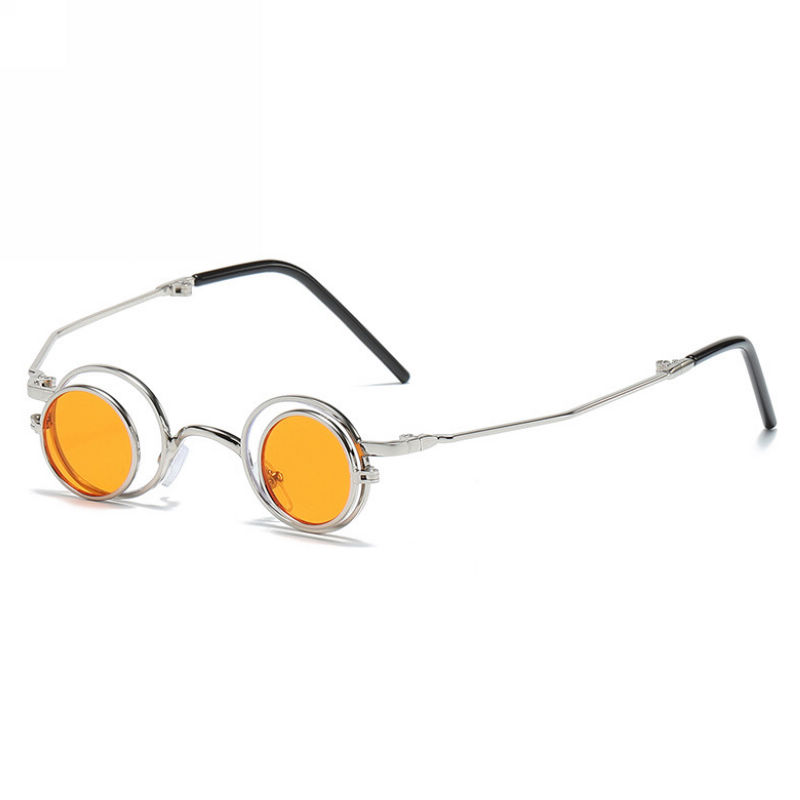 Orange Small Circular Flip Up sunglasses Metal Frame