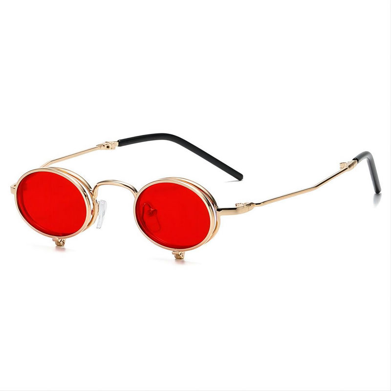 Red Mini Punk Metal Round Flip Down Sunglasses