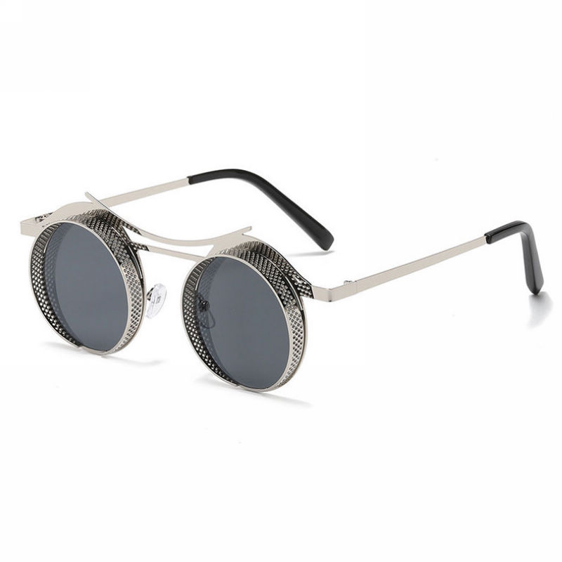Round Steampunk Sunglasses With Circular Mesh Shields Silver-Tone/Grey