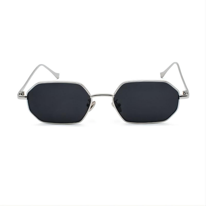 Small Metallic Heptagon Sunglasses Silver Frame Grey Lens