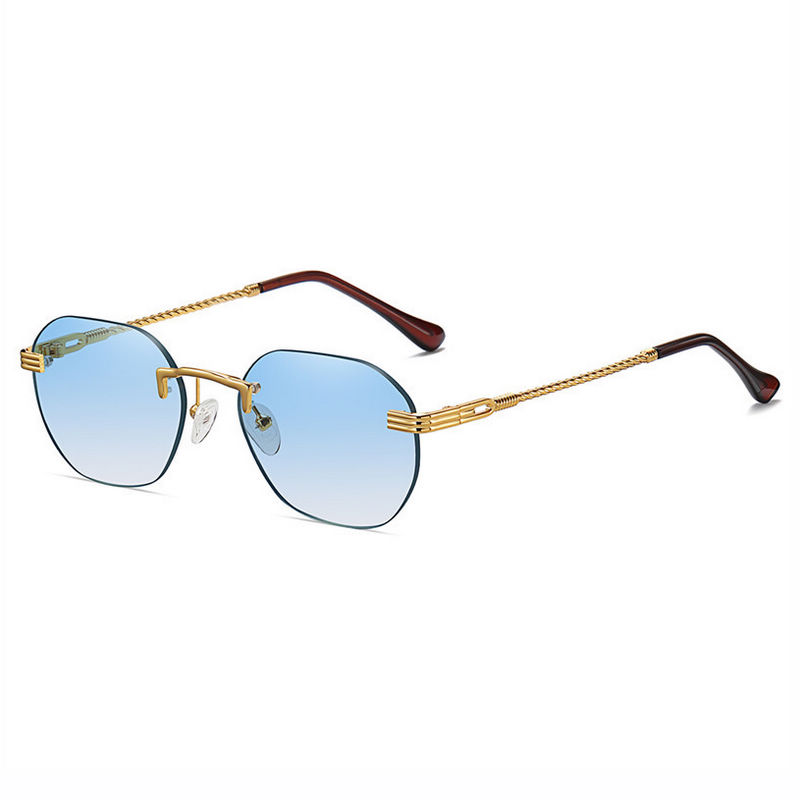 Small Rimless Sunglasses Gold-Tone Braided Arms Gradient Blue Lens