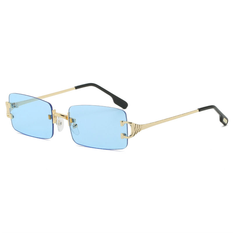 Tinted Blue Diamond Cut Small Rectangle Lens Rimless Sunglasses