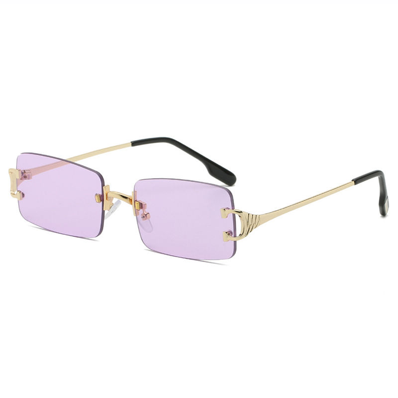 Tinted Purple Diamond Cut Small Rectangle Lens Rimless Sunglasses