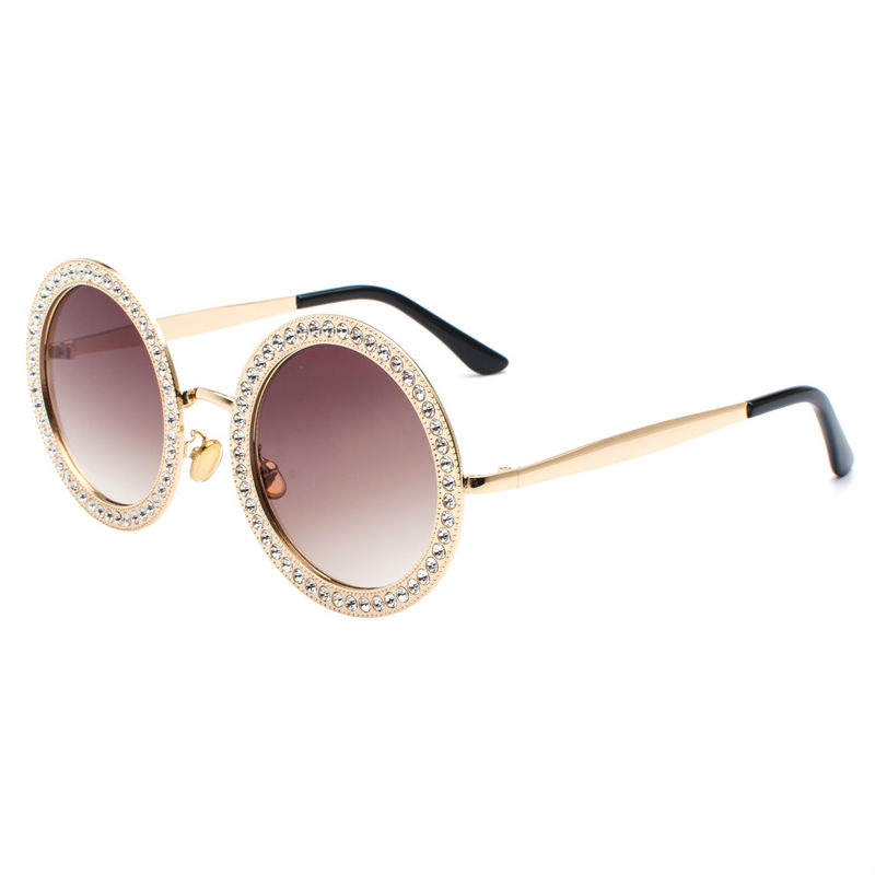 Transparent Crystals Oversized Bling Round Sunglasses Gold-Tone/Brown
