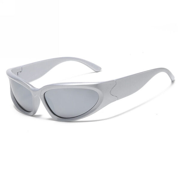 Wrap Around Sport Sunglasses Silver Frame Mirror White Lens