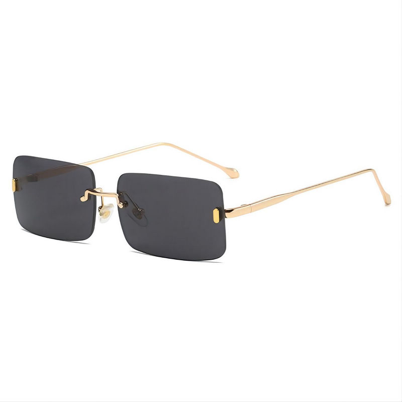 Square Frameless Sunglasses Gold-Tone Arms Black Lens