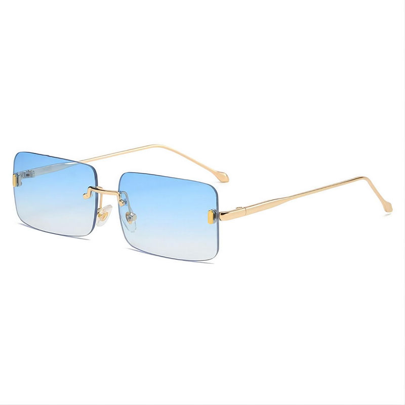 Square Frameless Sunglasses Gold-Tone Arms Gradient Blue Lens