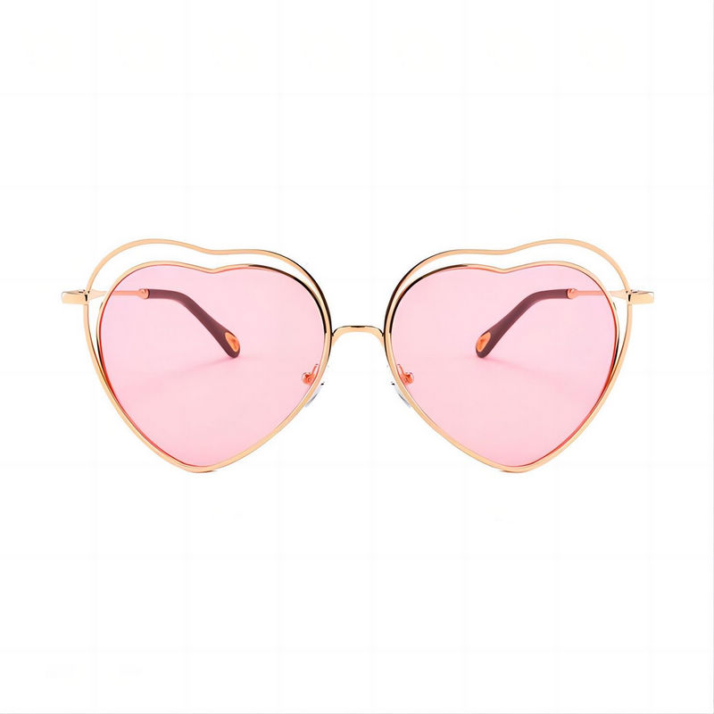 70s Metallic Love Heart-Shaped Sunglasses Gold Frame Pink Lens