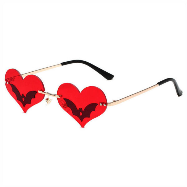 Black Bat Detail Rimless Heart-Shaped Sunglasses Gold-Tone/Red